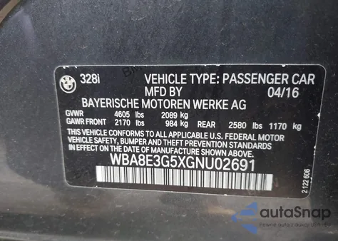 2016 BMW 328I xDrive из США, поврежденный, VIN WBA8E3G5XGNU02691